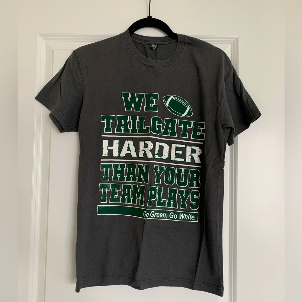 Charcoal gray Michigan State tailgating short sleeve tee, size S.